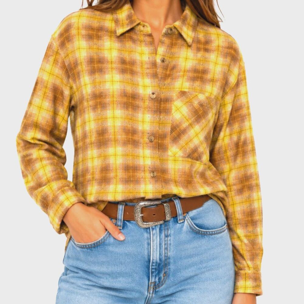 BKE Boyfriend Yellow Pink Plaid Flannel Shirt M 100% Cotton Oversized Grunge Y2K - Picture 3 of 5